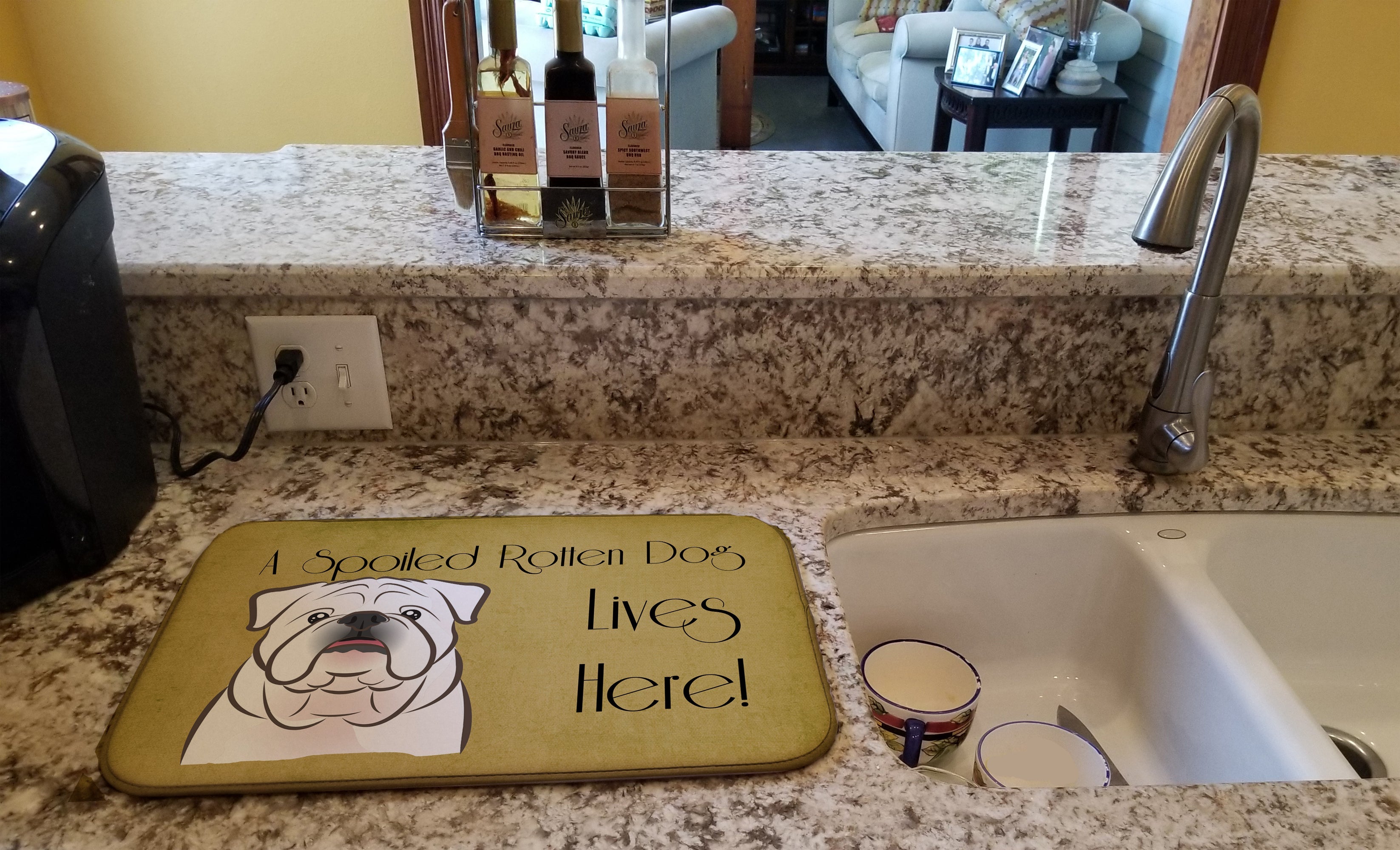 White English Bulldog  Spoiled Dog Lives Here Dish Drying Mat Absorbent Dish Drying Mat Pad for Kitchen Counter Dish Drainer Mat for Countertop, 14 x 21", Multicolor