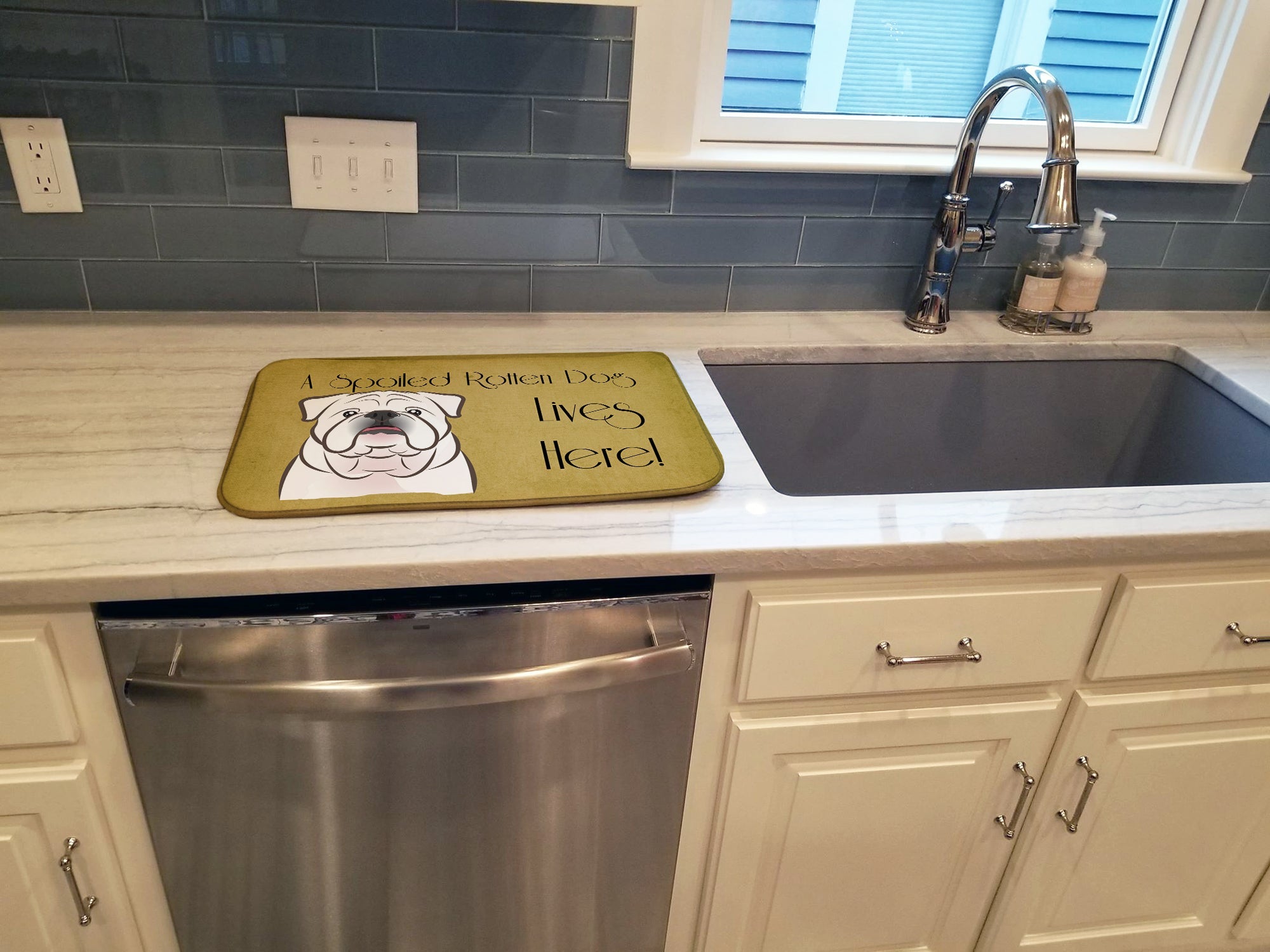 White English Bulldog  Spoiled Dog Lives Here Dish Drying Mat Absorbent Dish Drying Mat Pad for Kitchen Counter Dish Drainer Mat for Countertop, 14 x 21", Multicolor