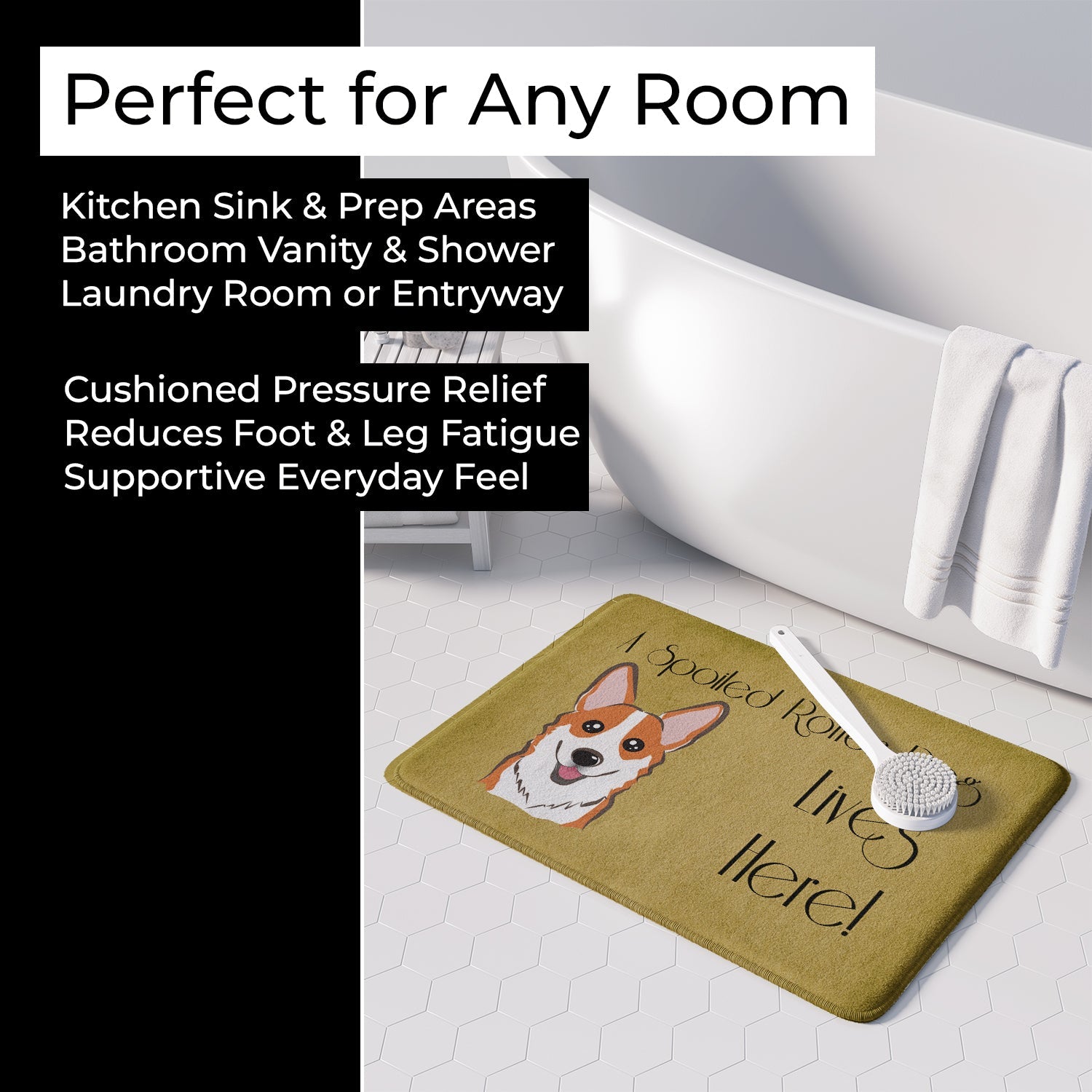 Red Corgi Spoiled Dog Lives Here Memory Foam Kitchen Mat Machine Washable Anti-Fatigue Cushion Comfort Bath or Kitchen Rug