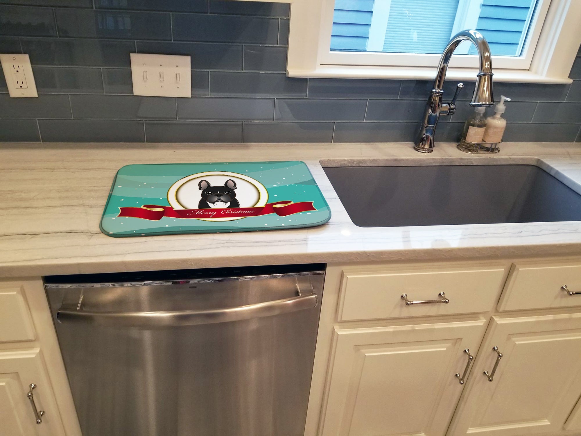 French Bulldog Merry Christmas Dish Drying Mat Absorbent Dish Drying Mat Pad for Kitchen Counter Dish Drainer Mat for Countertop, 14 x 21", Multicolor