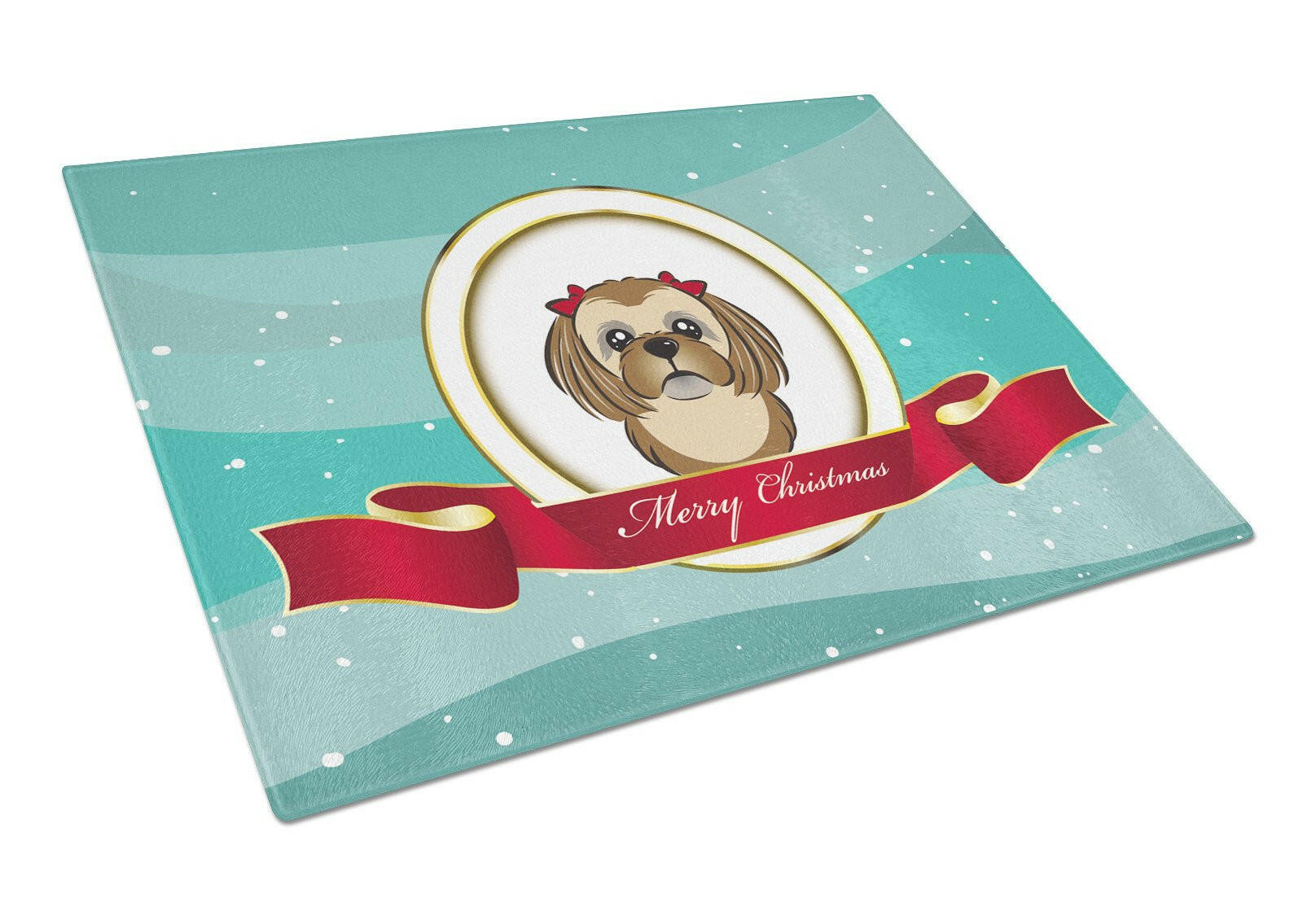 Chocolate Brown Shih Tzu Merry Christmas Cutting Board Tempered Glass Kitchen Cutting Surface, Heat Resistant Chopping, Non-Slip Feet, Food Prep & Serving