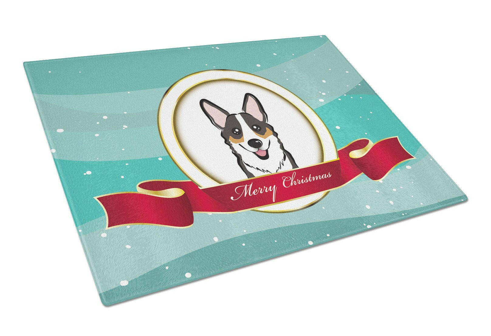 Tricolor Corgi Merry Christmas Cutting Board Tempered Glass Kitchen Cutting Surface, Heat Resistant Chopping, Non-Slip Feet, Food Prep & Serving