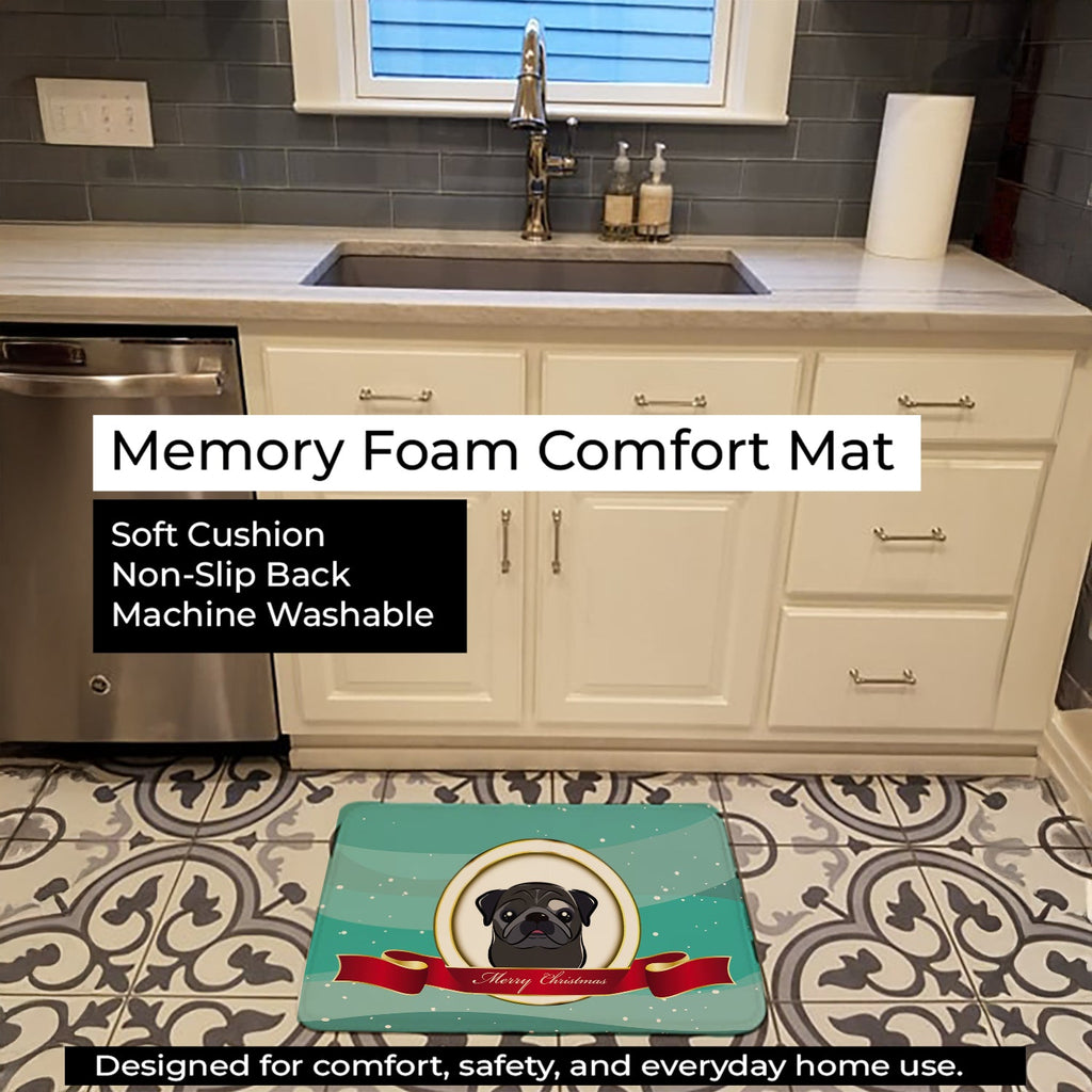 Black Pug Merry Christmas Memory Foam Kitchen Mat Machine Washable Anti-Fatigue Cushion Comfort Bath or Kitchen Rug