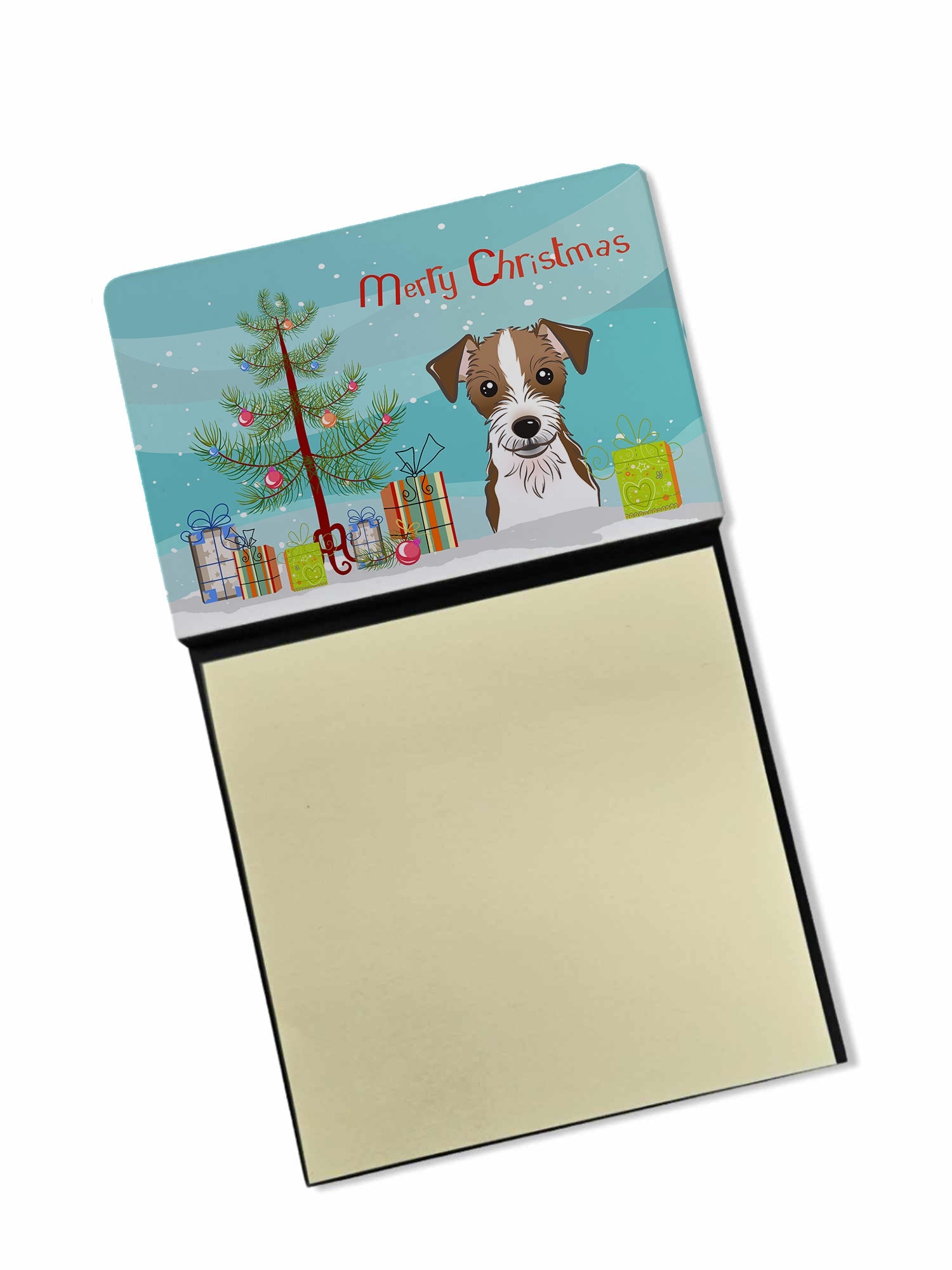 Christmas Tree and Jack Russell Terrier Watercolor Sticky Note Holder Refillable Dispenser Desk Accessory 3x3 Pad Gift