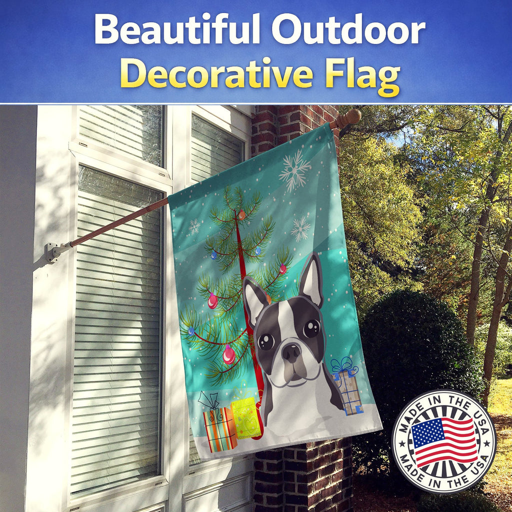 Christmas Tree and Boston Terrier House Flag 28x40 Porch Sleeve Pole Decorative Outside Yard Banner Artwork Wall Hanging, Polyester