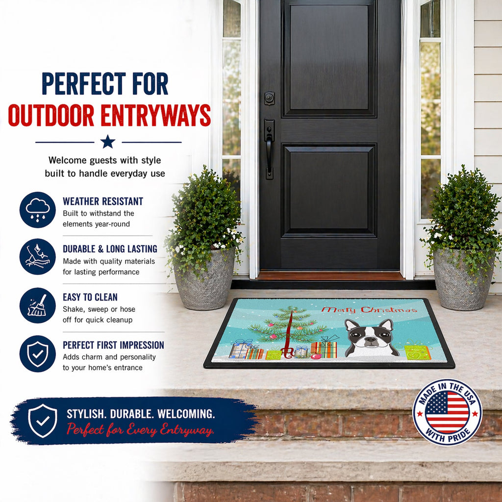 Christmas Tree and Boston Terrier Doormat Indoor Outdoor 24H X 36W Front Door Mat Rugs for Entryway, Non Slip Washable Low Pile,