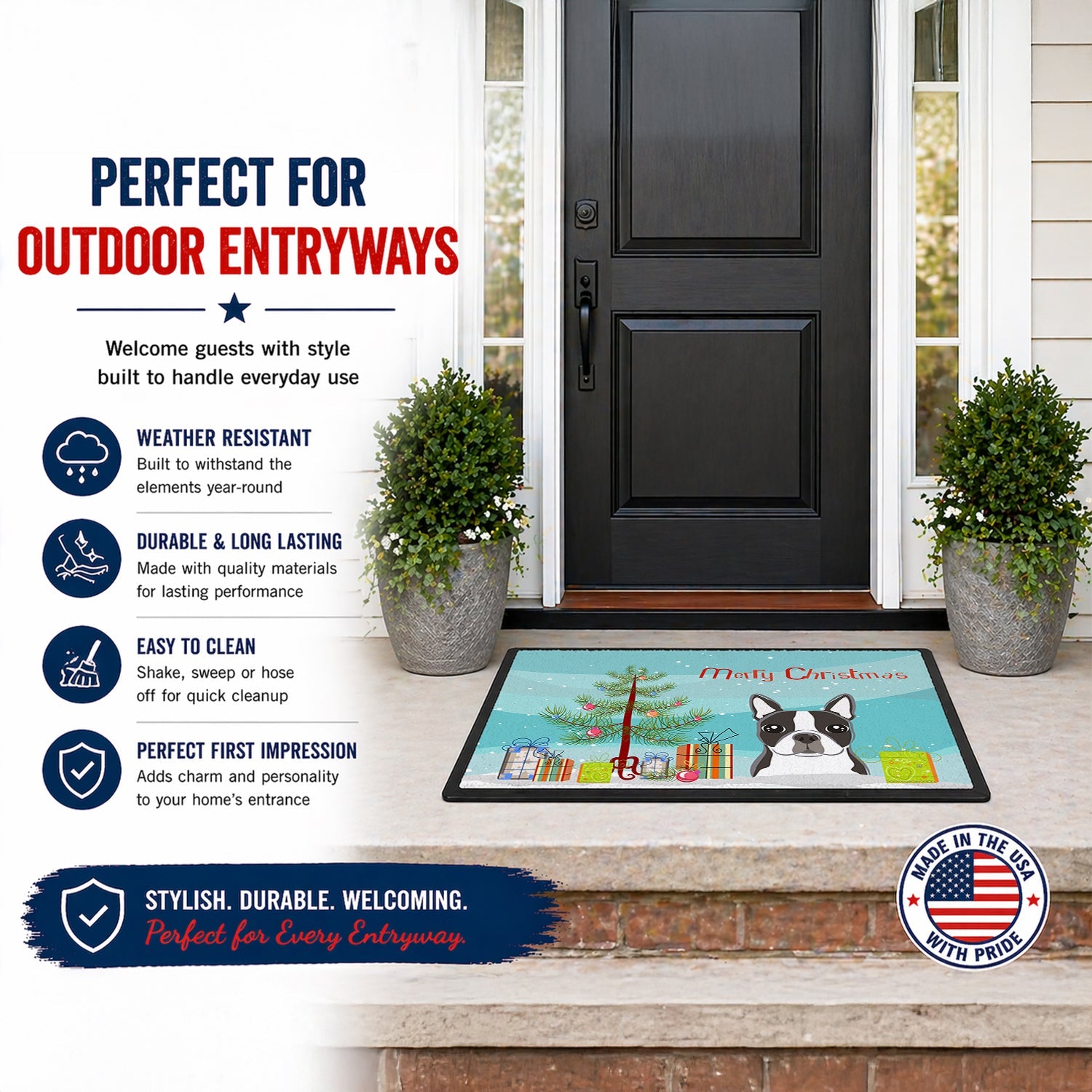 Christmas Tree and Boston Terrier Doormat Indoor Outdoor 24H X 36W Front Door Mat Rugs for Entryway, Non Slip Washable Low Pile,