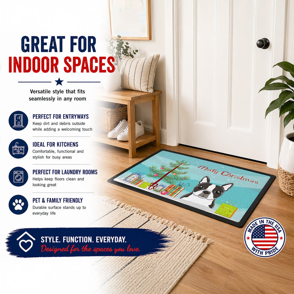 Christmas Tree and Boston Terrier Doormat Indoor Outdoor 24H X 36W Front Door Mat Rugs for Entryway, Non Slip Washable Low Pile,