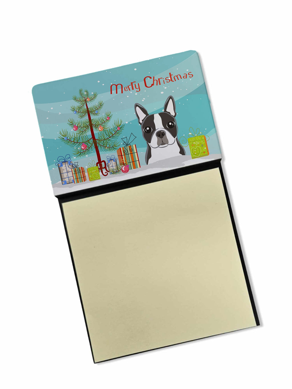 Christmas Tree and Boston Terrier Watercolor Sticky Note Holder Refillable Dispenser Desk Accessory 3x3 Pad Gift