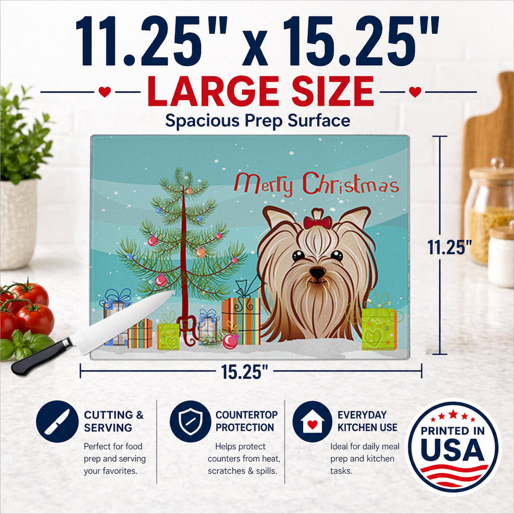 Christmas Tree and Yorkie Yorkishire Terrier Cutting Board Tempered Glass Kitchen Cutting Surface, Heat Resistant Chopping, Non-Slip Feet, Food Prep & Serving