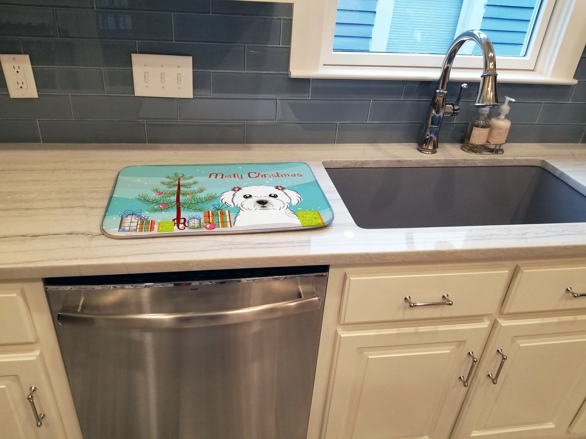 Christmas Tree and Maltese Dish Drying Mat Absorbent Dish Drying Mat Pad for Kitchen Counter Dish Drainer Mat for Countertop, 14 x 21", Multicolor