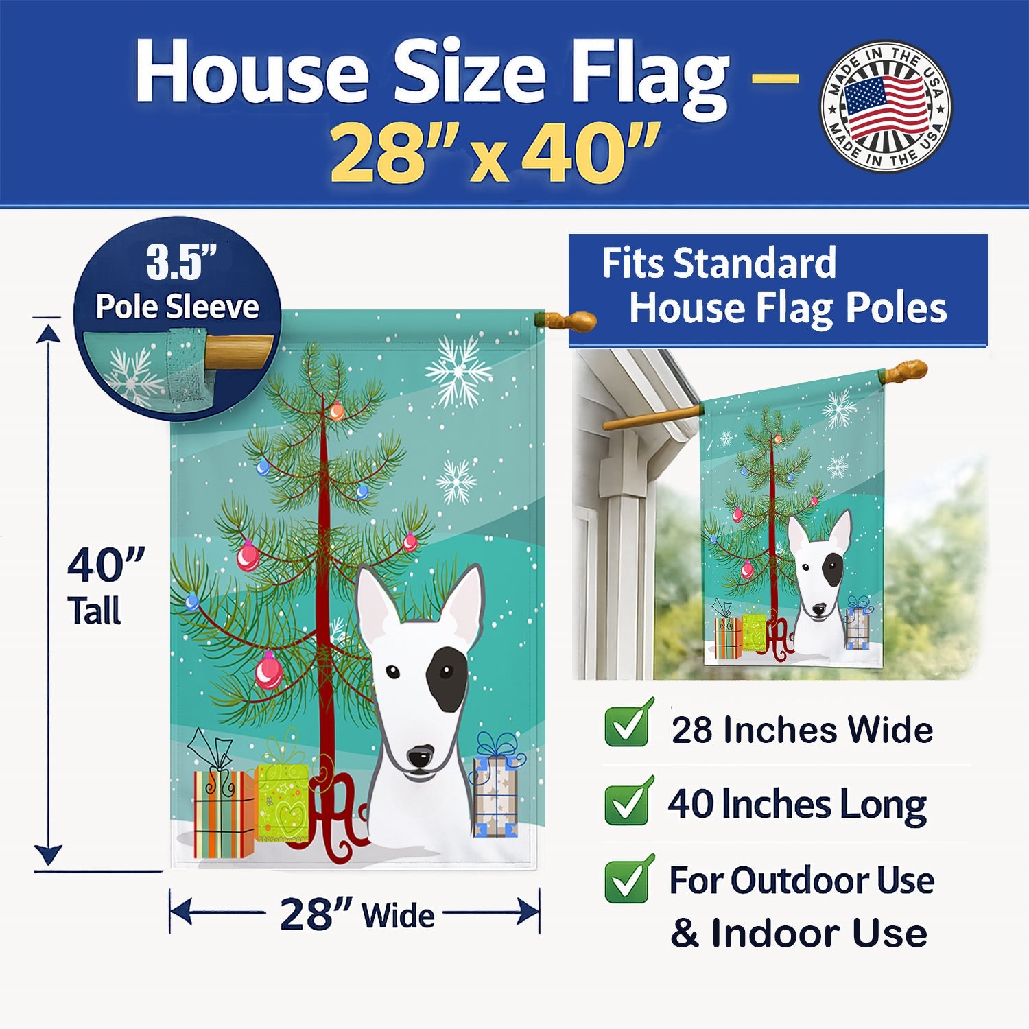 Christmas Tree and Bull Terrier House Flag 28x40 Porch Sleeve Pole Decorative Outside Yard Banner Artwork Wall Hanging, Polyester