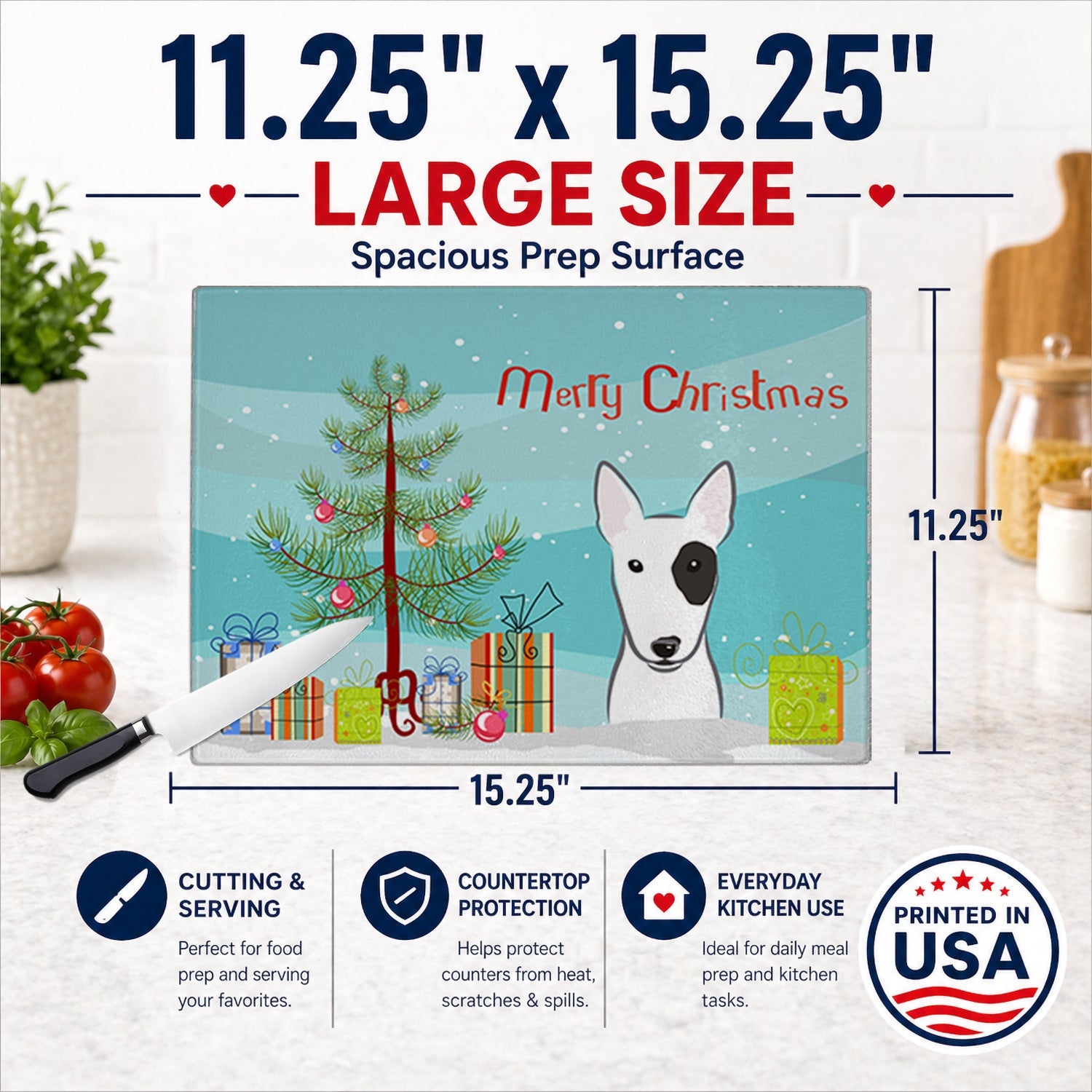 Christmas Tree and Bull Terrier Cutting Board Tempered Glass Kitchen Cutting Surface, Heat Resistant Chopping, Non-Slip Feet, Food Prep & Serving