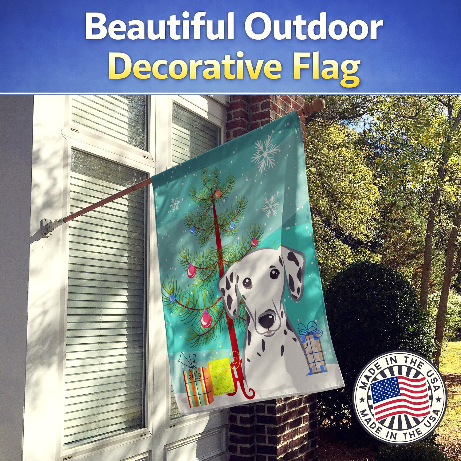 Christmas Tree and Dalmatian House Flag 28x40 Porch Sleeve Pole Decorative Outside Yard Banner Artwork Wall Hanging, Polyester
