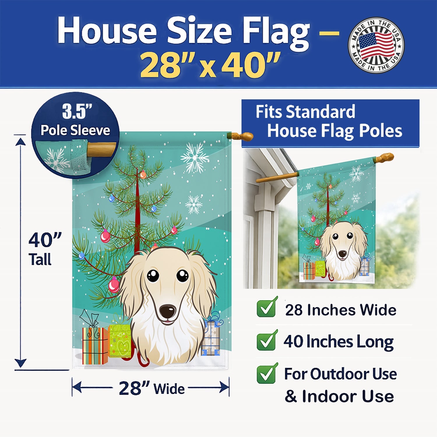 Christmas Tree and Longhair Creme Dachshund House Flag 28x40 Porch Sleeve Pole Decorative Outside Yard Banner Artwork Wall Hanging, Polyester