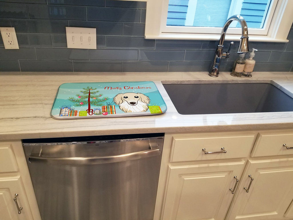Christmas Tree and Longhair Creme Dachshund Dish Drying Mat Absorbent Dish Drying Mat Pad for Kitchen Counter Dish Drainer Mat for Countertop, 14 x 21", Multicolor