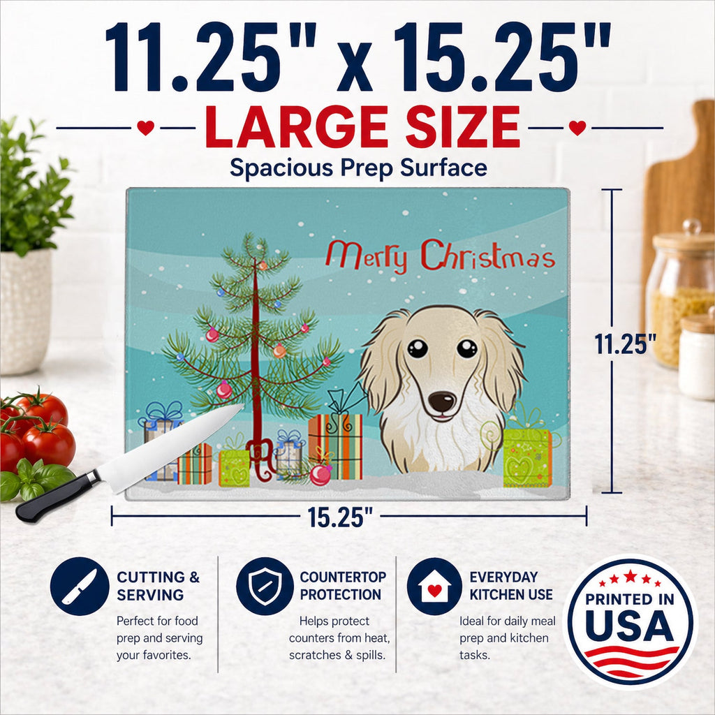 Christmas Tree and Longhair Creme Dachshund Cutting Board Tempered Glass Kitchen Cutting Surface, Heat Resistant Chopping, Non-Slip Feet, Food Prep & Serving