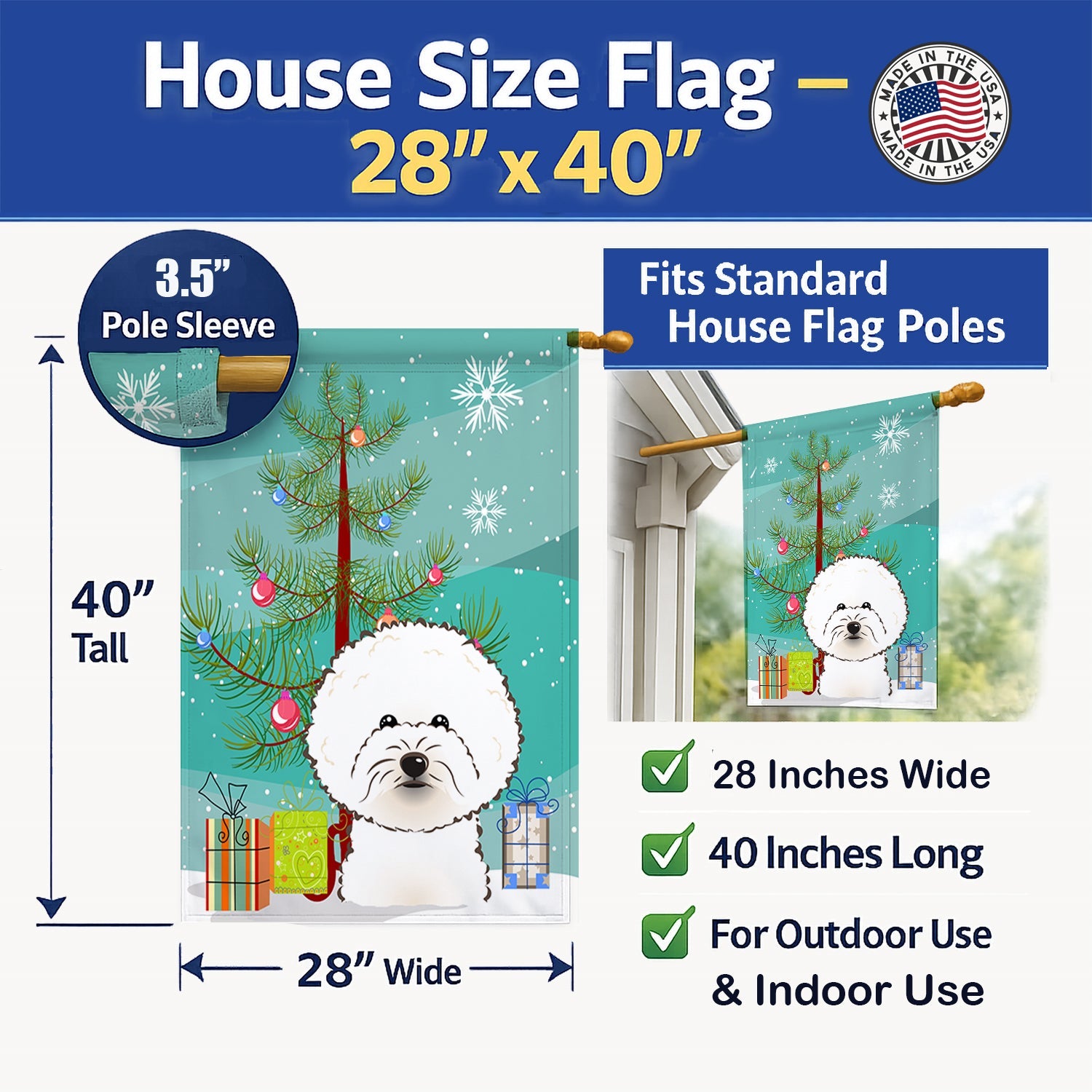 Christmas Tree and Bichon Frise House Flag 28x40 Porch Sleeve Pole Decorative Outside Yard Banner Artwork Wall Hanging, Polyester