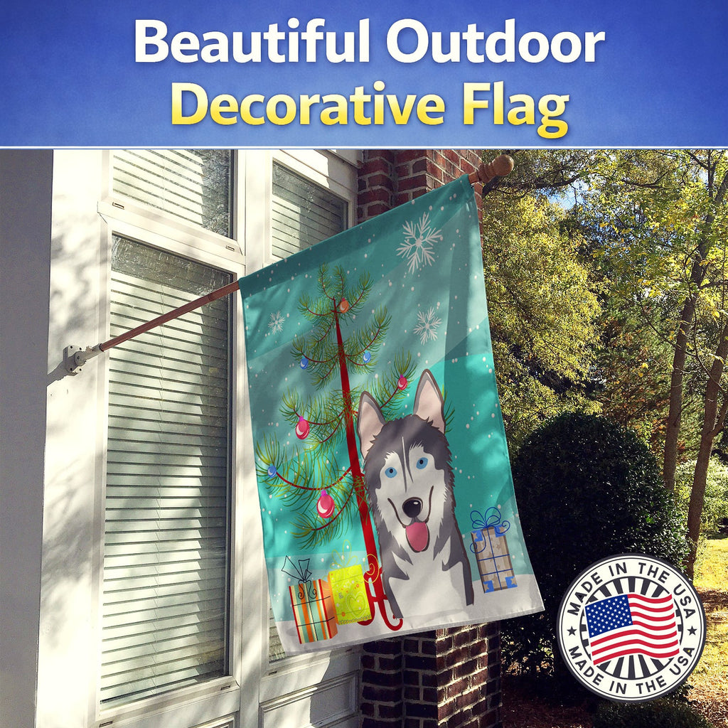 Christmas Tree and Alaskan Malamute House Flag 28x40 Porch Sleeve Pole Decorative Outside Yard Banner Artwork Wall Hanging, Polyester