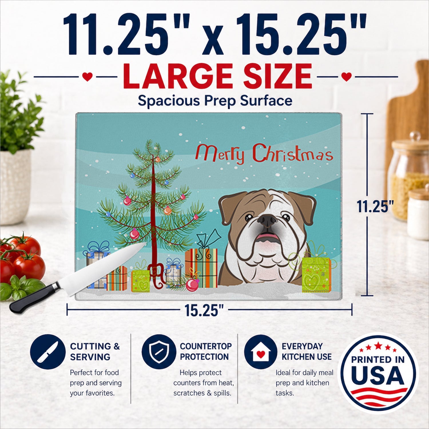 Christmas Tree and English Bulldog  Cutting Board Tempered Glass Kitchen Cutting Surface, Heat Resistant Chopping, Non-Slip Feet, Food Prep & Serving