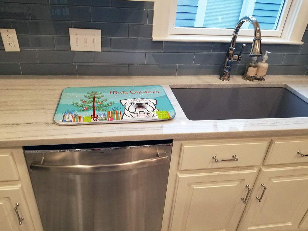Christmas Tree and White English Bulldog  Dish Drying Mat Absorbent Dish Drying Mat Pad for Kitchen Counter Dish Drainer Mat for Countertop, 14 x 21", Multicolor