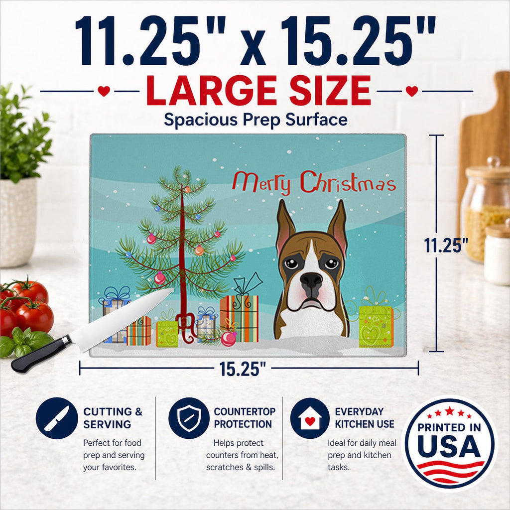 Christmas Tree and Boxer Cutting Board Tempered Glass Kitchen Cutting Surface, Heat Resistant Chopping, Non-Slip Feet, Food Prep & Serving