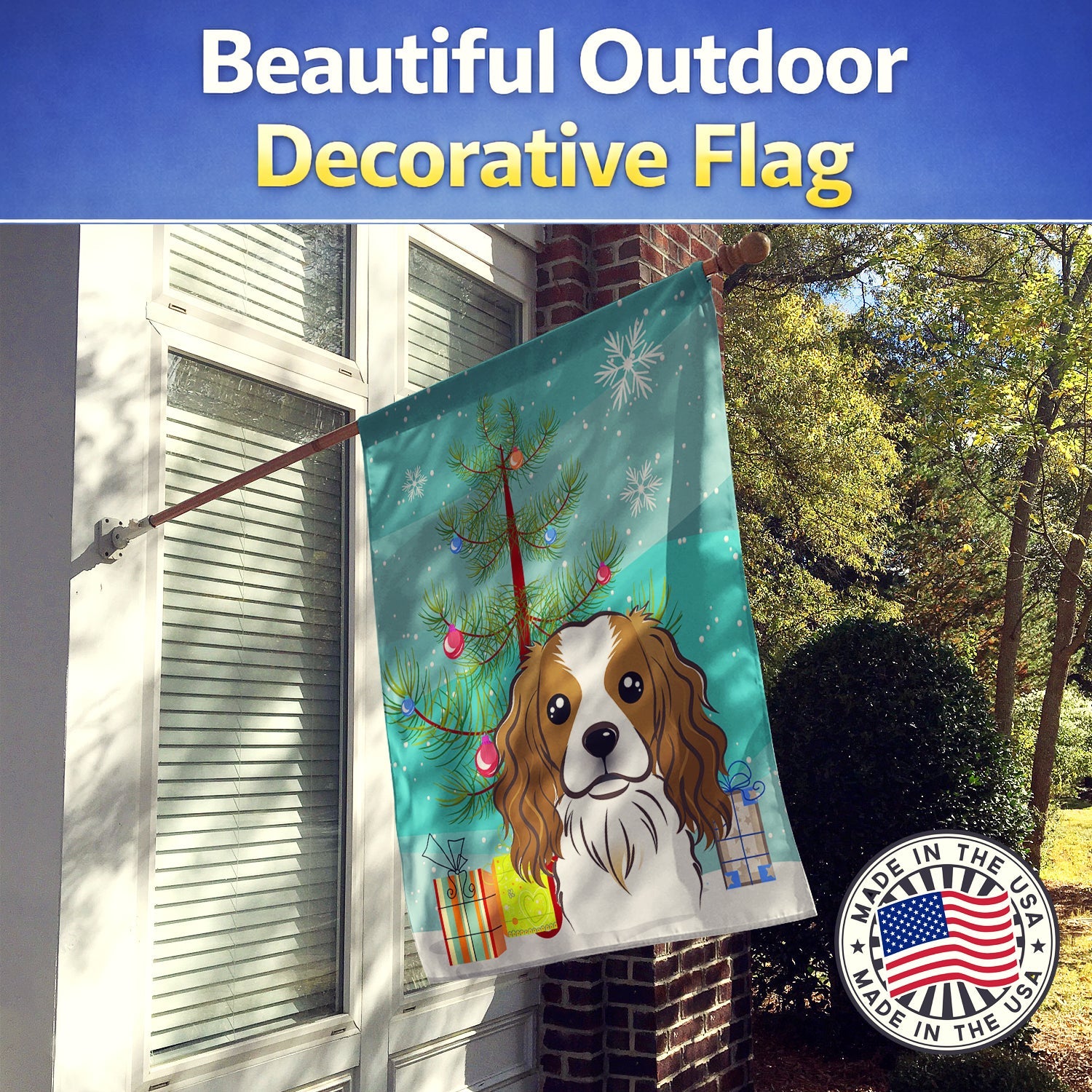 Christmas Tree and Cavalier Spaniel House Flag 28x40 Porch Sleeve Pole Decorative Outside Yard Banner Artwork Wall Hanging, Polyester
