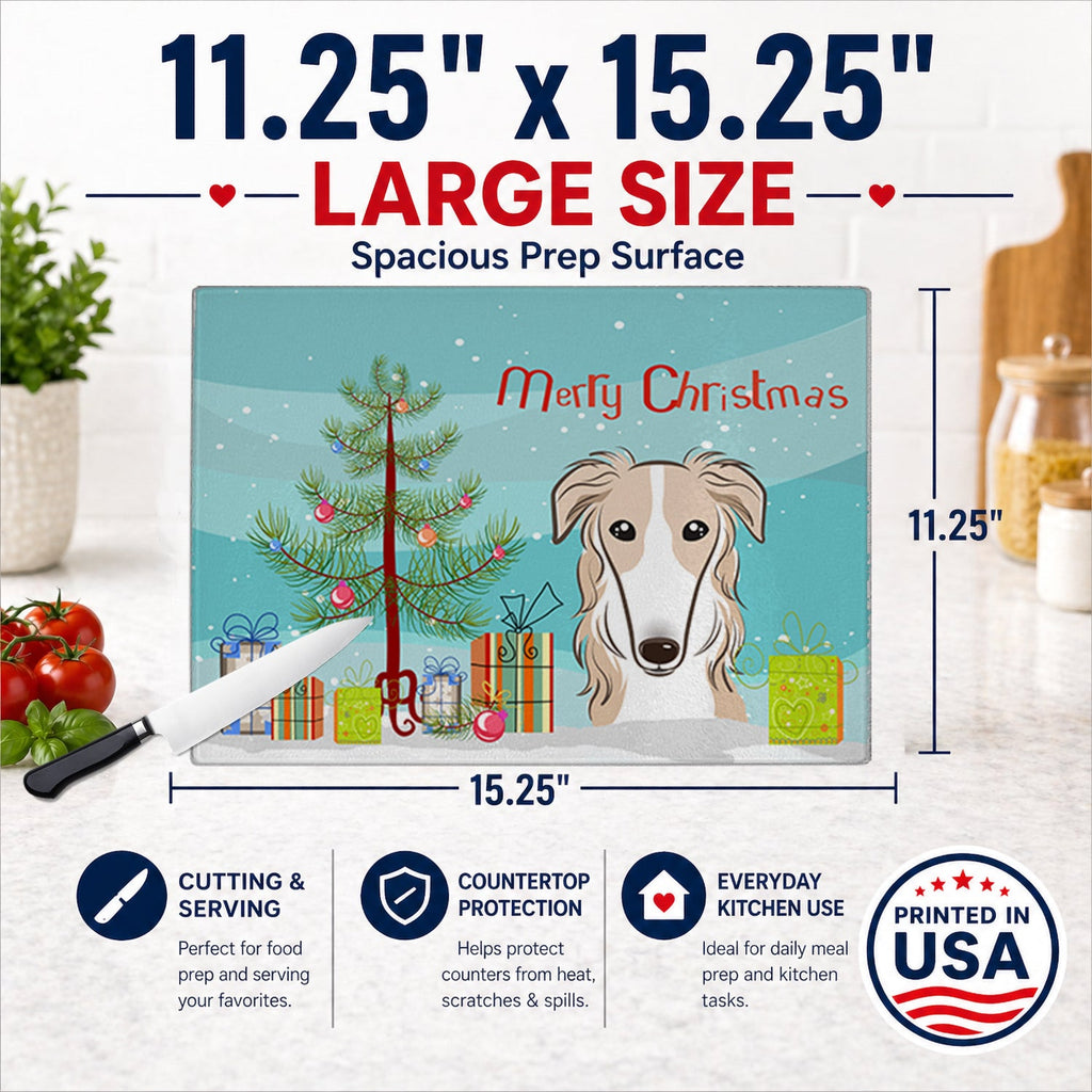 Christmas Tree and Borzoi Cutting Board Tempered Glass Kitchen Cutting Surface, Heat Resistant Chopping, Non-Slip Feet, Food Prep & Serving
