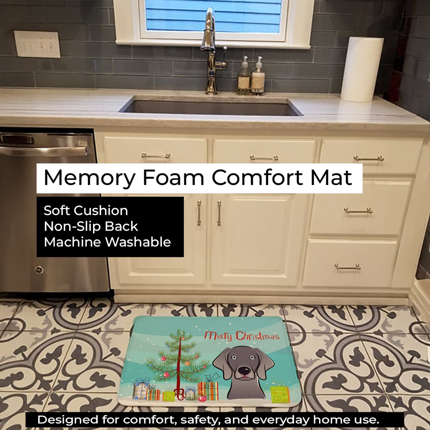 Christmas Tree and Weimaraner Memory Foam Kitchen Mat Machine Washable Anti-Fatigue Cushion Comfort Bath or Kitchen Rug