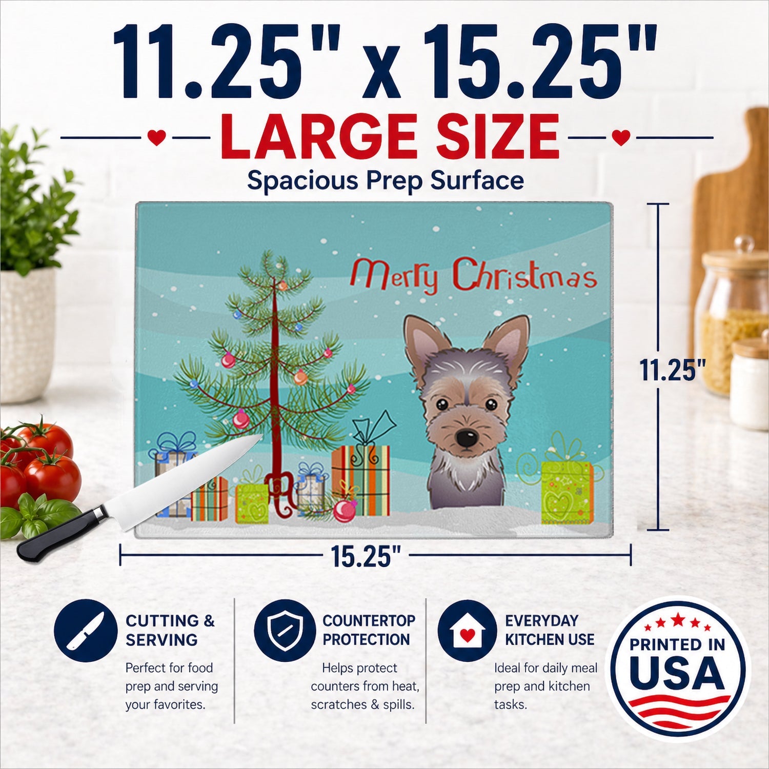 Christmas Tree and Yorkie Puppy Cutting Board Tempered Glass Kitchen Cutting Surface, Heat Resistant Chopping, Non-Slip Feet, Food Prep & Serving