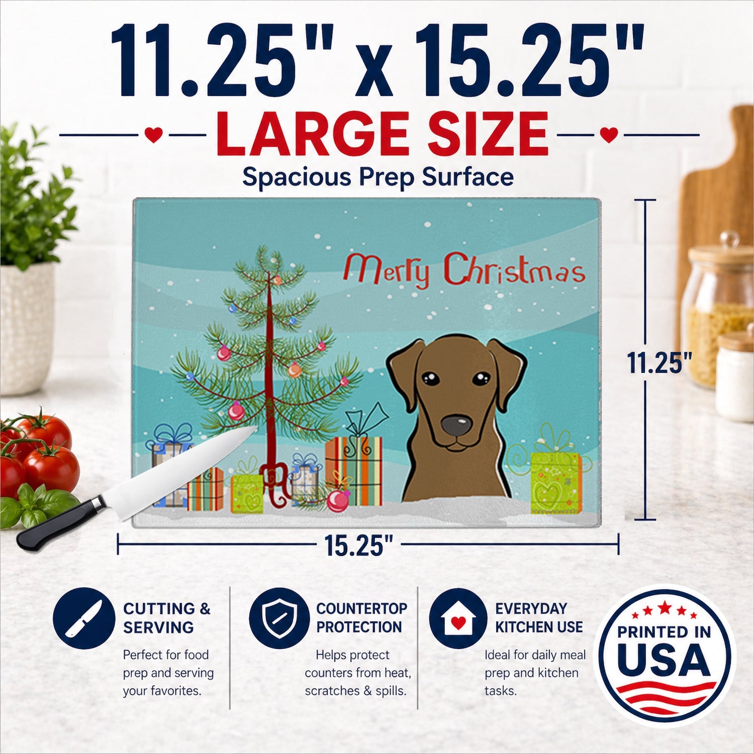 Christmas Tree and Chocolate Labrador Cutting Board Tempered Glass Kitchen Cutting Surface, Heat Resistant Chopping, Non-Slip Feet, Food Prep & Serving