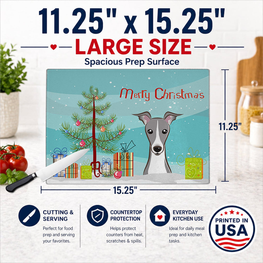 Christmas Tree and Italian Greyhound Cutting Board Tempered Glass Kitchen Cutting Surface, Heat Resistant Chopping, Non-Slip Feet, Food Prep & Serving