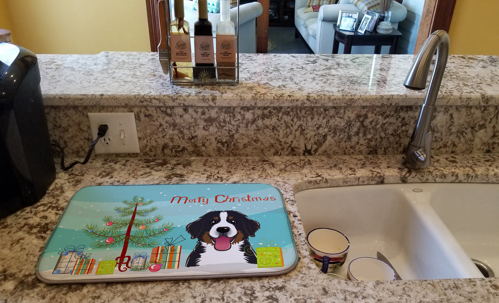 Christmas Tree and Bernese Mountain Dog Dish Drying Mat Absorbent Dish Drying Mat Pad for Kitchen Counter Dish Drainer Mat for Countertop, 14 x 21", Multicolor