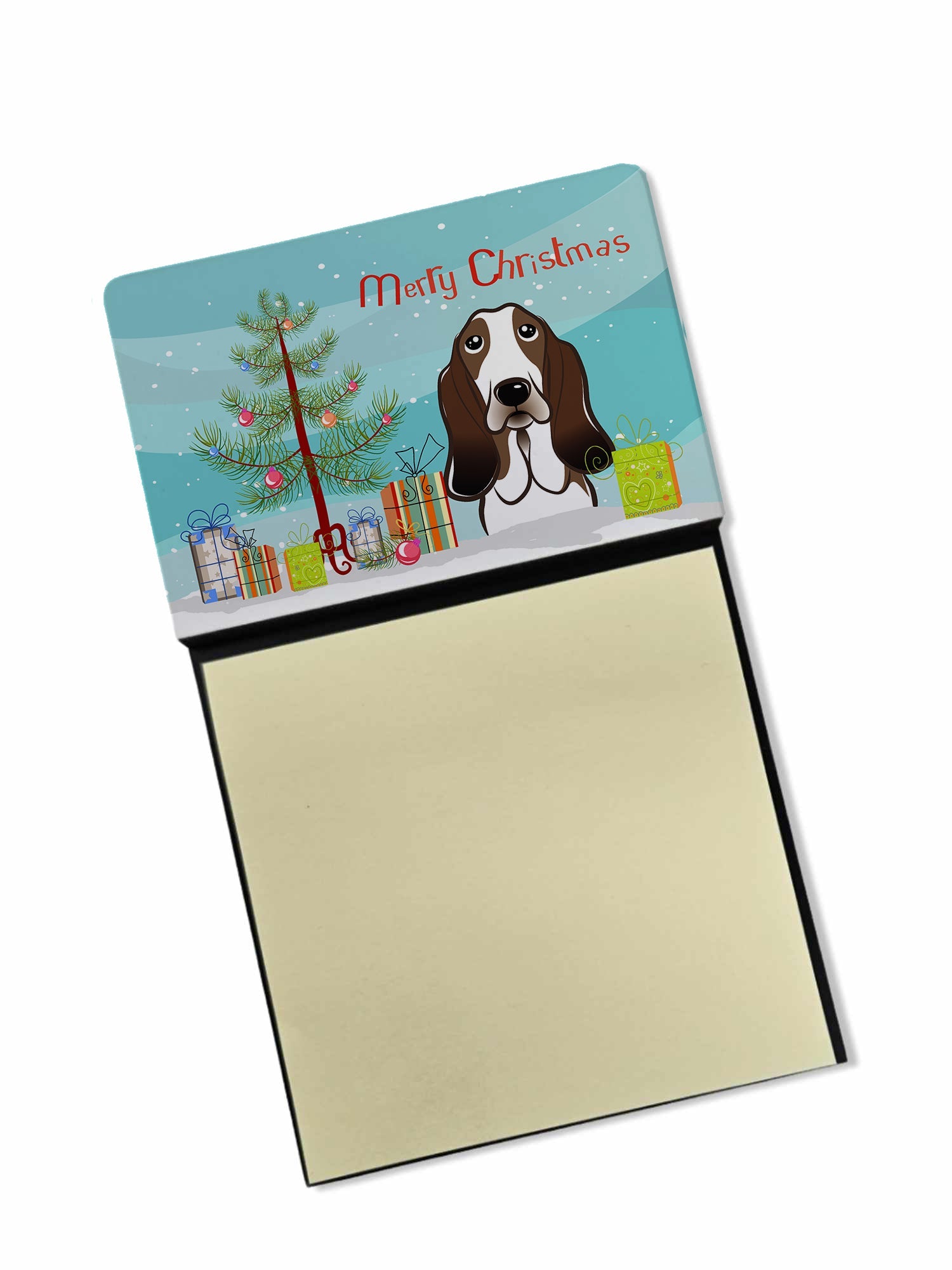 Christmas Tree and Basset Hound Watercolor Sticky Note Holder Refillable Dispenser Desk Accessory 3x3 Pad Gift
