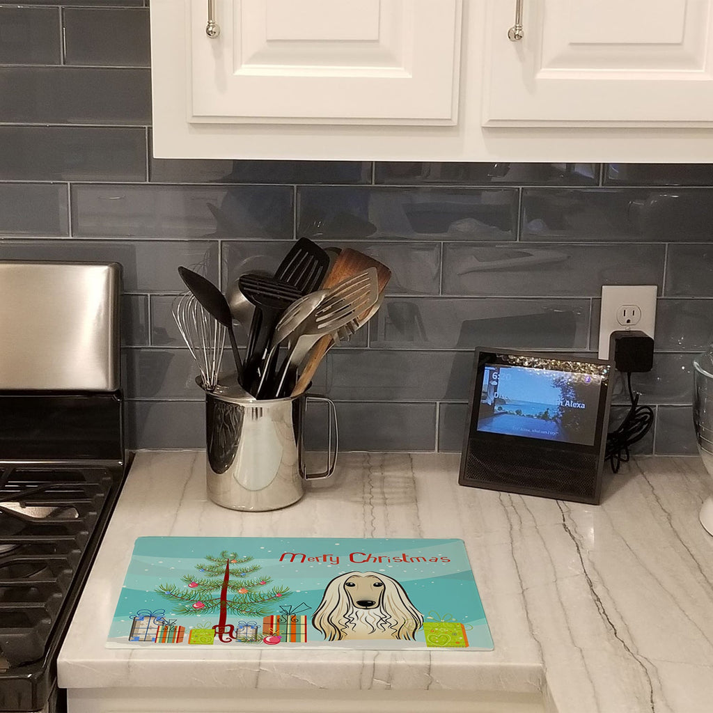 Christmas Tree and Afghan Hound Cutting Board Tempered Glass Kitchen Cutting Surface, Heat Resistant Chopping, Non-Slip Feet, Food Prep & Serving
