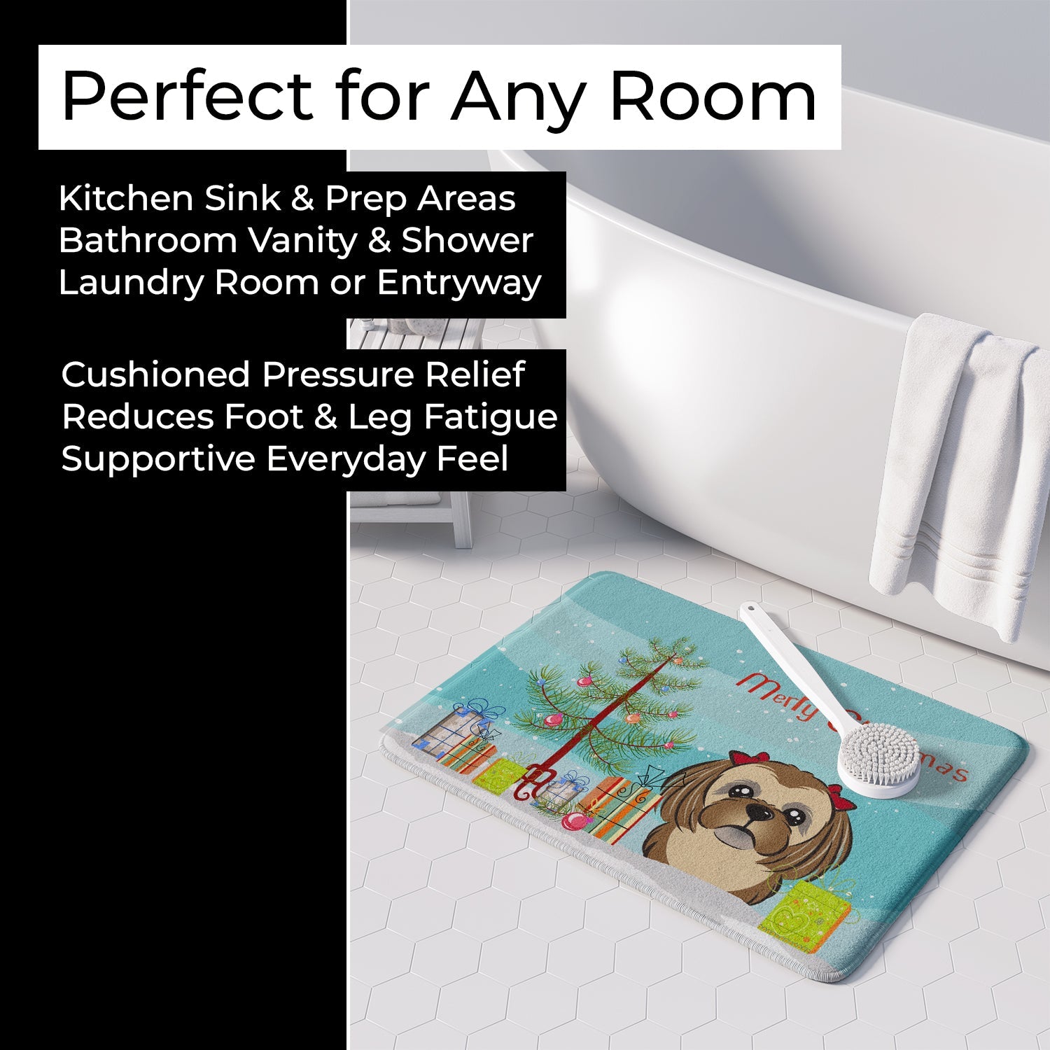 Christmas Tree and Chocolate Brown Shih Tzu Memory Foam Kitchen Mat Machine Washable Anti-Fatigue Cushion Comfort Bath or Kitchen Rug