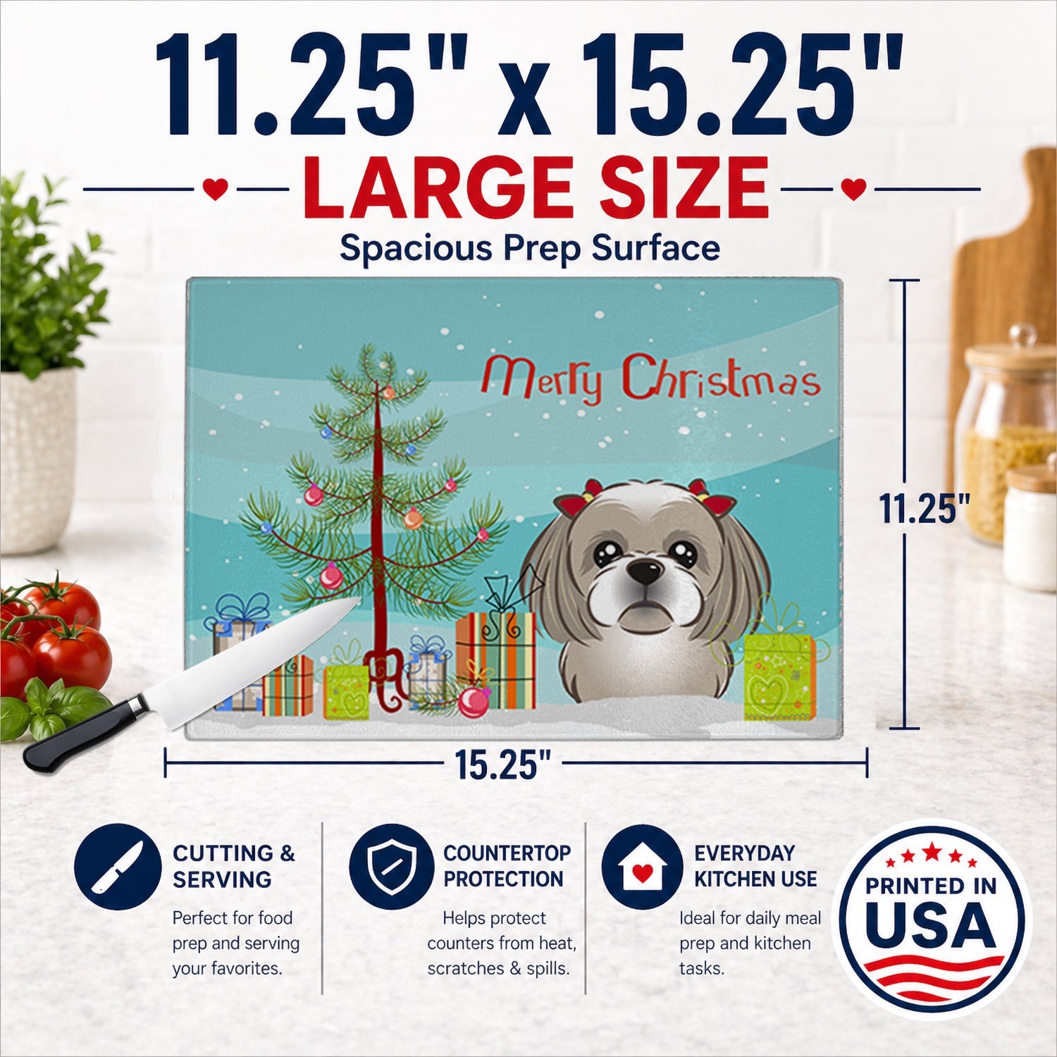 Christmas Tree and Gray Silver Shih Tzu Cutting Board Tempered Glass Kitchen Cutting Surface, Heat Resistant Chopping, Non-Slip Feet, Food Prep & Serving