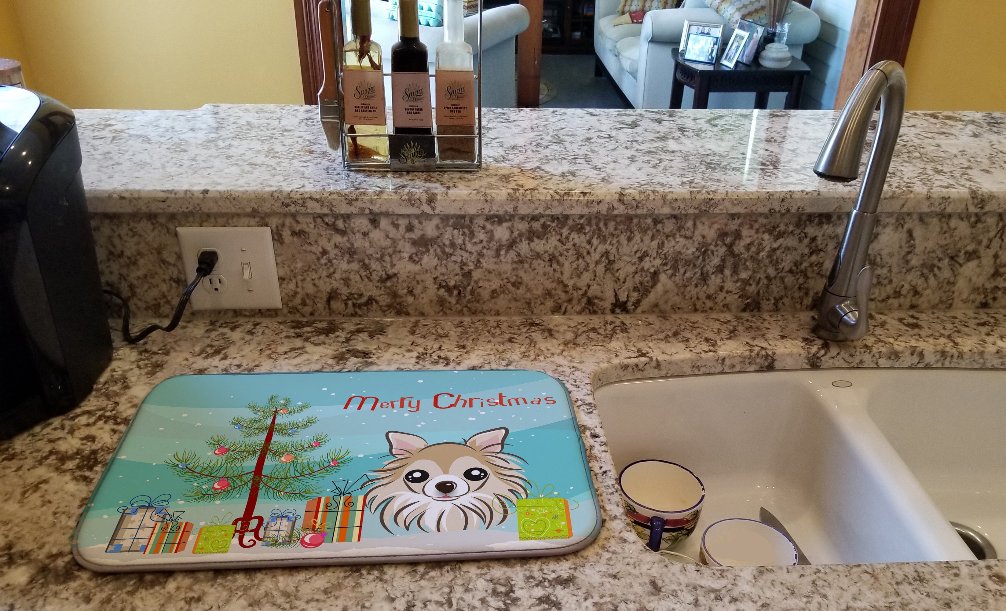 Christmas Tree and Chihuahua Dish Drying Mat Absorbent Dish Drying Mat Pad for Kitchen Counter Dish Drainer Mat for Countertop, 14 x 21", Multicolor