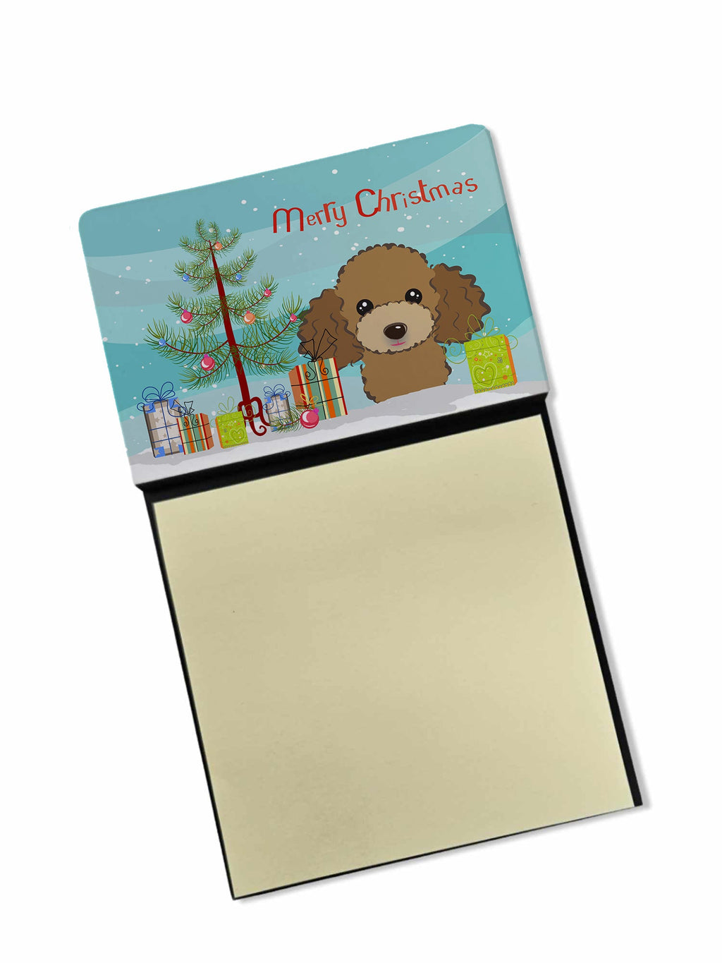 Christmas Tree and Chocolate Brown Poodle Watercolor Sticky Note Holder Refillable Dispenser Desk Accessory 3x3 Pad Gift