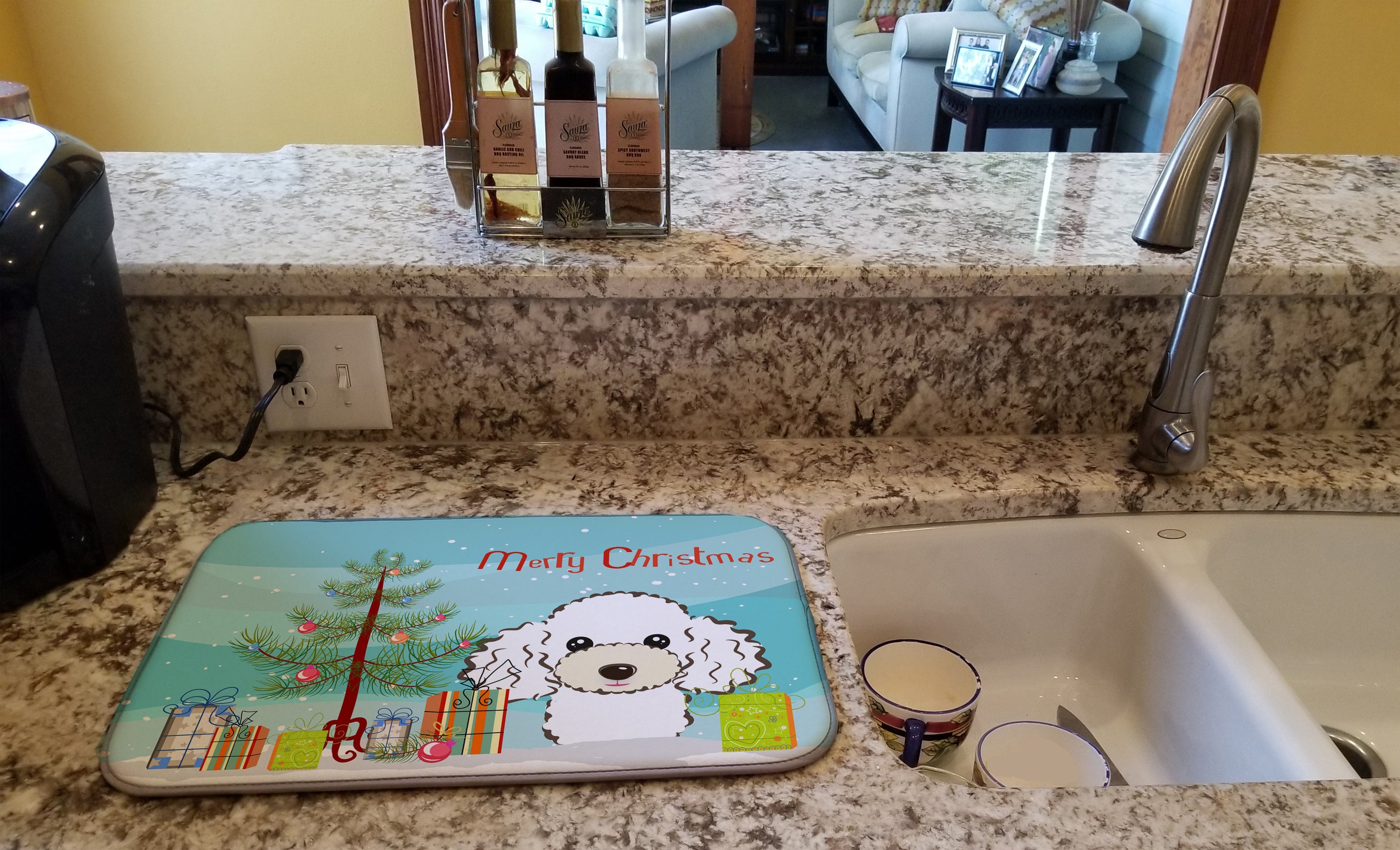 Christmas Tree and White Poodle Dish Drying Mat Absorbent Dish Drying Mat Pad for Kitchen Counter Dish Drainer Mat for Countertop, 14 x 21", Multicolor