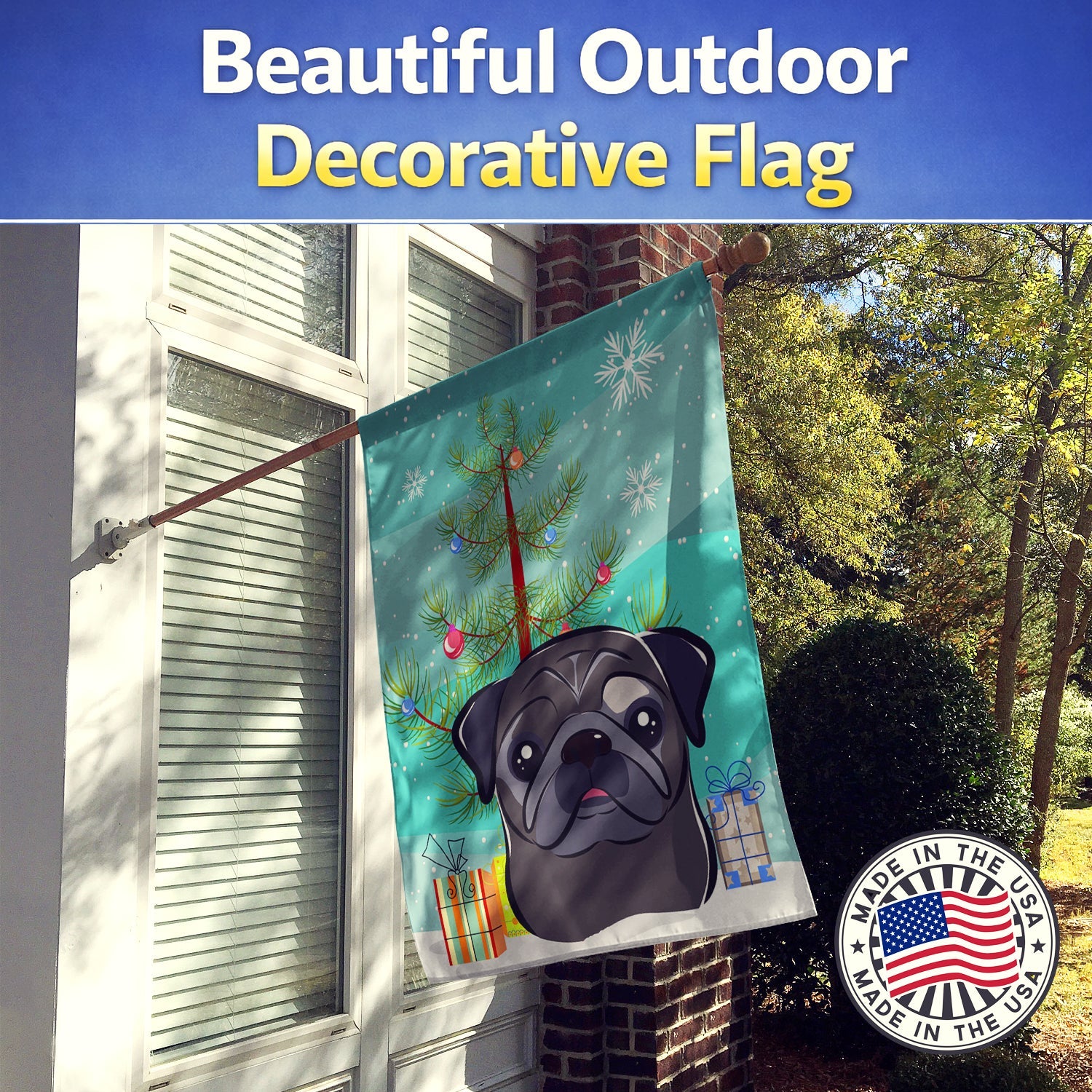 Christmas Tree and Black Pug House Flag 28x40 Porch Sleeve Pole Decorative Outside Yard Banner Artwork Wall Hanging, Polyester