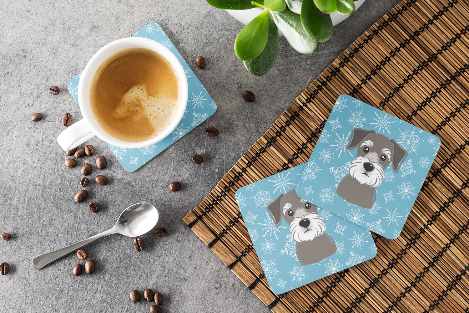 Snowflake Schnauzer Foam Coasters Set of 4 Cup Coasters for Indoor Outdoor, Tabletop Protection, Anti Slip, Mouse pad Material