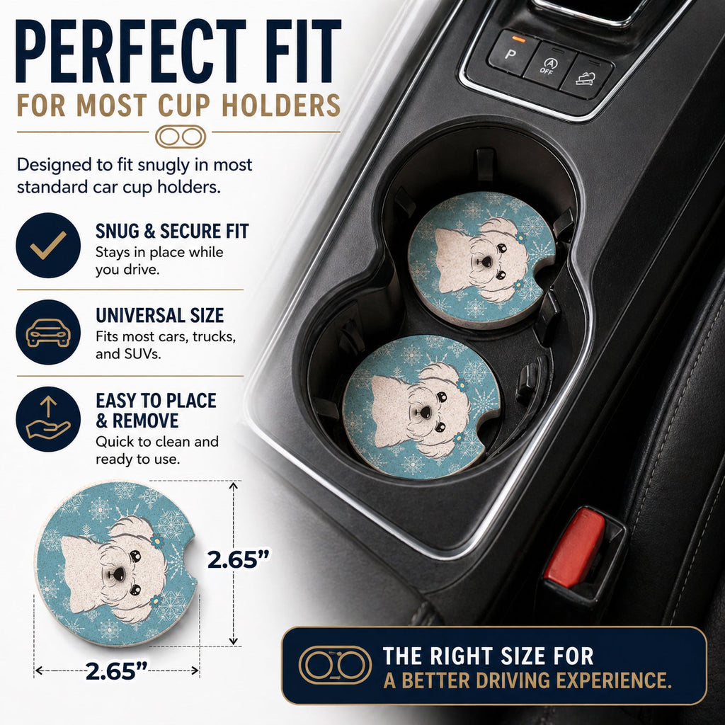 Snowflake Maltese Set of 2 Cup Holder Car Coasters Absorbent Round Sandstone Coasters Gifts for Men or Women, 2.5, Multicolor