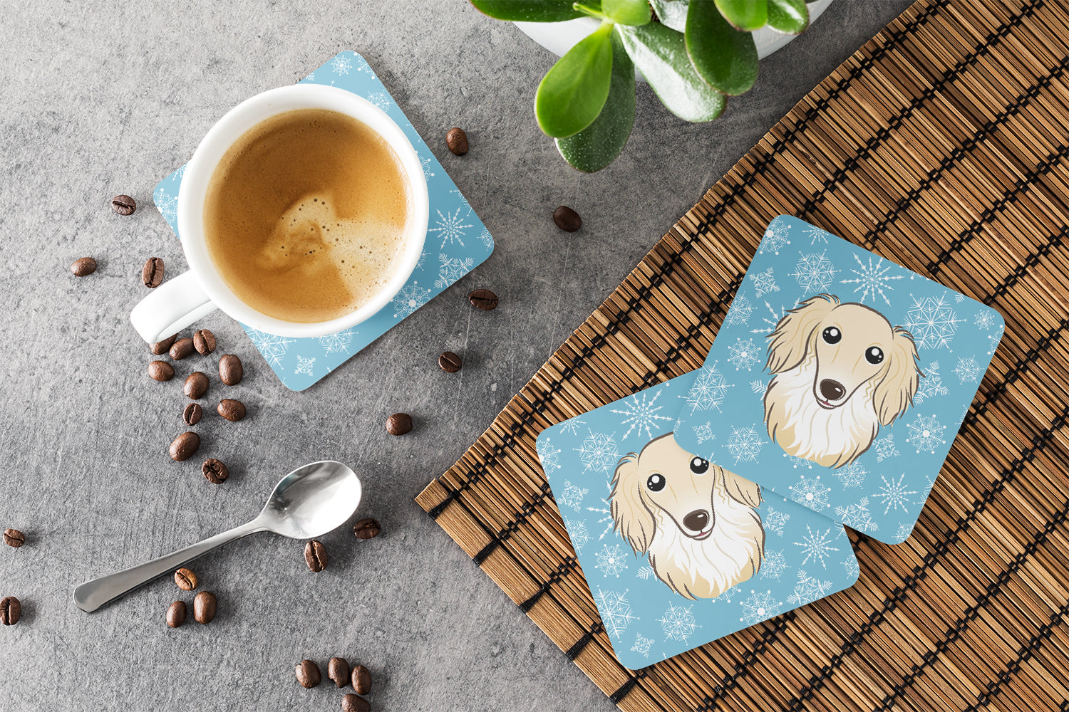 Snowflake Longhair Creme Dachshund Foam Coasters Set of 4 Cup Coasters for Indoor Outdoor, Tabletop Protection, Anti Slip, Mouse pad Material
