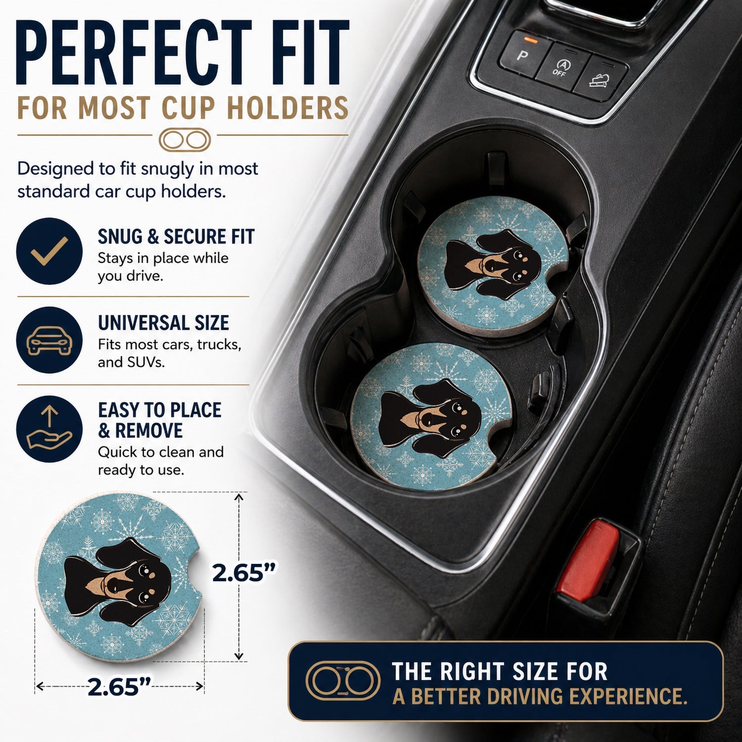 Snowflake Smooth Black and Tan Dachshund Set of 2 Cup Holder Car Coasters Absorbent Round Sandstone Coasters Gifts for Men or Women, 2.5, Multicolor