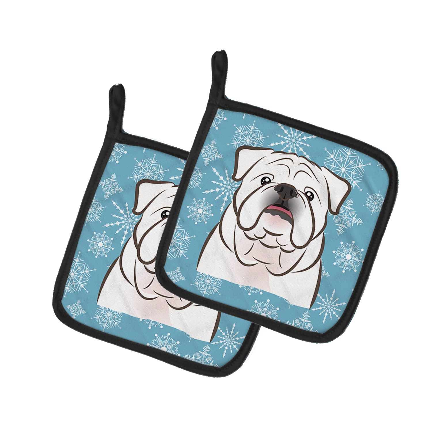 Snowflake White English Bulldog  Pot Holder Set of 2 Heat Resistant Quilted Hot Pads 7.5 x 7.5 Inch, Insulated Kitchen Trivets for Cooking & Baking