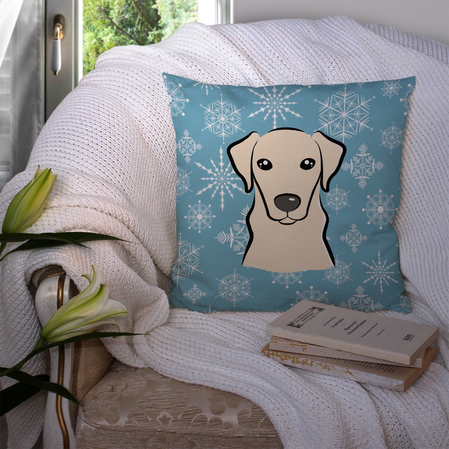 Snowflake Yellow Labrador Decorative Throw Pillow 14x14 Indoor Outdoor Accent Cushion, Fabric Cover with Insert for Sofa, Bed, Porch & Living Room