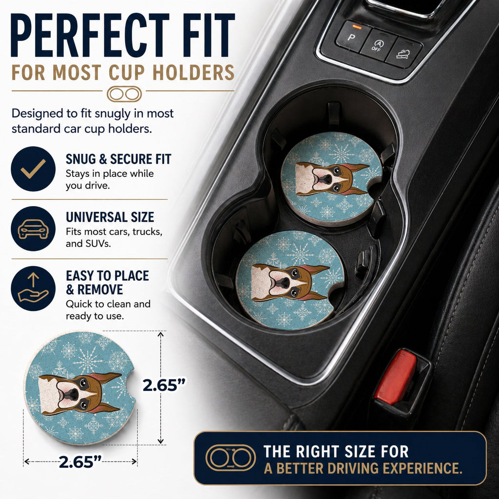 Snowflake Boxer Set of 2 Cup Holder Car Coasters Absorbent Round Sandstone Coasters Gifts for Men or Women, 2.5, Multicolor