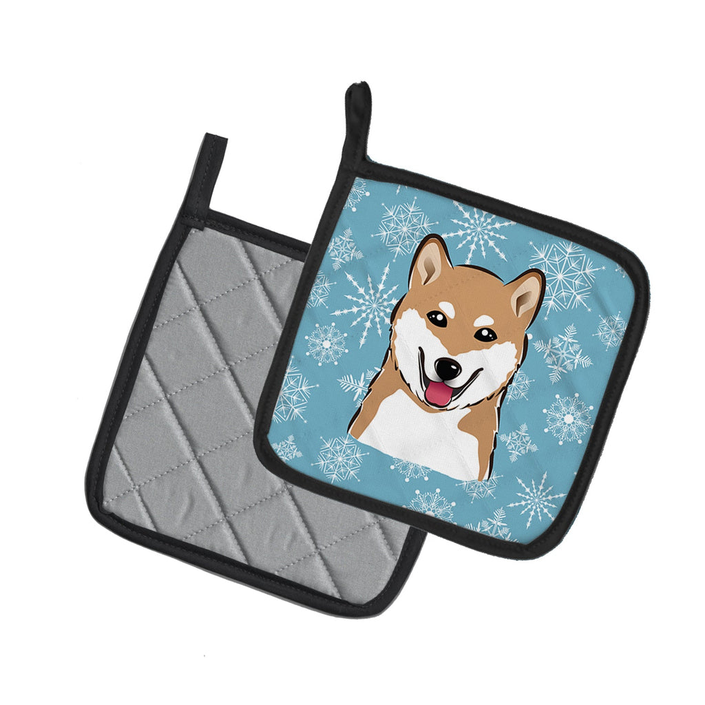 Snowflake Shiba Inu Pot Holder Set of 2 Heat Resistant Quilted Hot Pads 7.5 x 7.5 Inch, Insulated Kitchen Trivets for Cooking & Baking