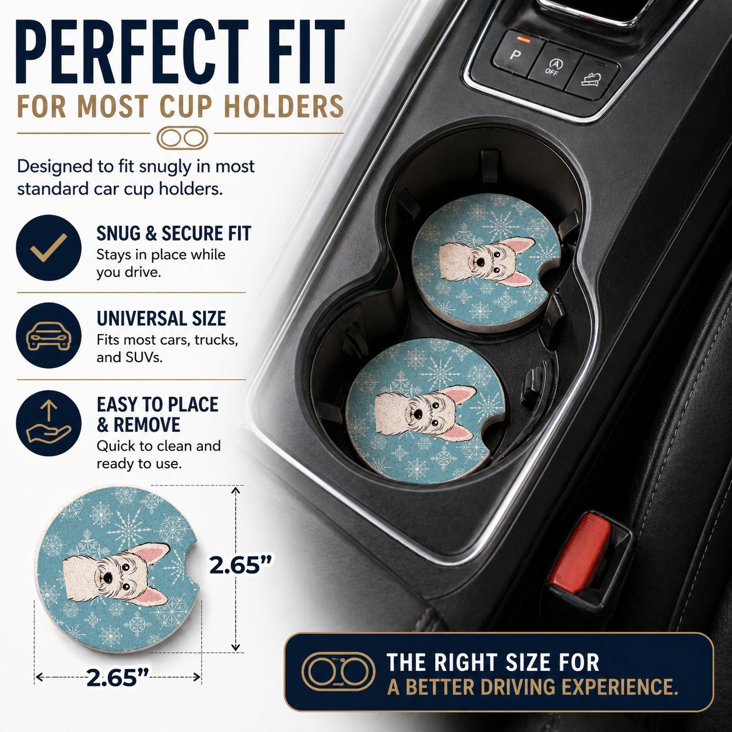 Snowflake Westie Set of 2 Cup Holder Car Coasters Absorbent Round Sandstone Coasters Gifts for Men or Women, 2.5, Multicolor